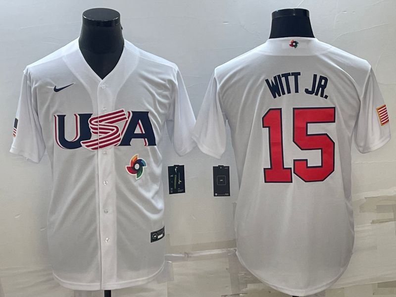 Men 2023 World Cub USA 15 Witt jr White Nike MLB Jersey8